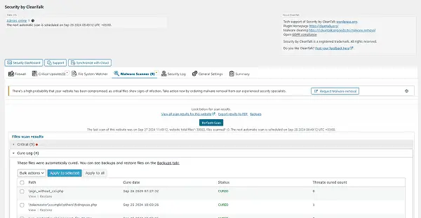 Вкладка сканера вредоносного ПО. Здесь вы можете сканировать все файлы WordPress на наличие вредоносного и подозрительного кода и видеть результат.