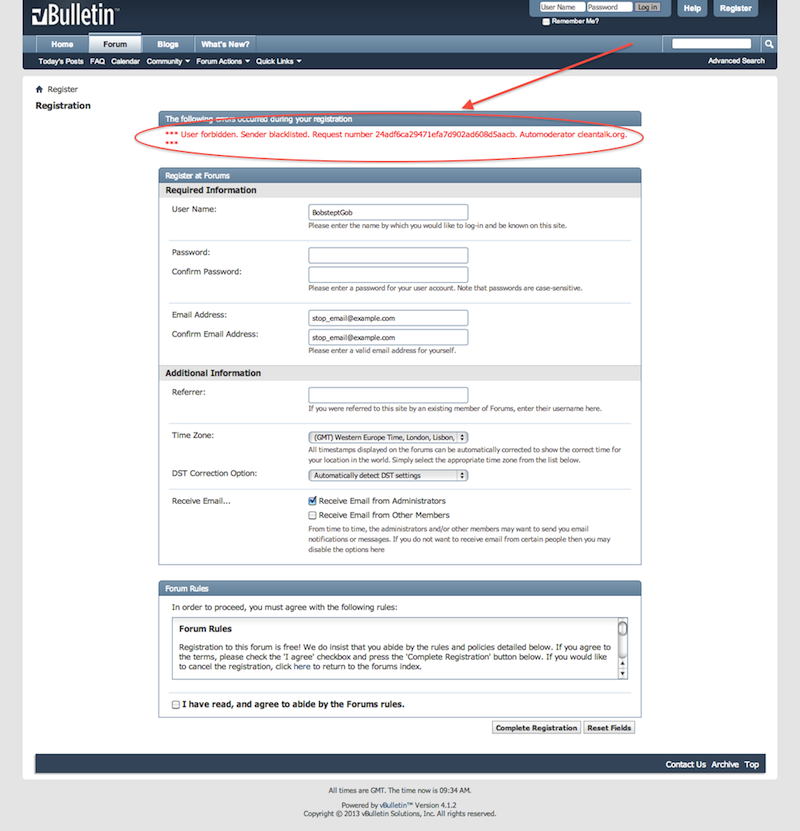 VBuletin блокировка спам регистрации